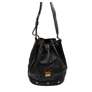 MCM Black Leather Drawstring Bucket Bag Crossbody with Gold Hardware